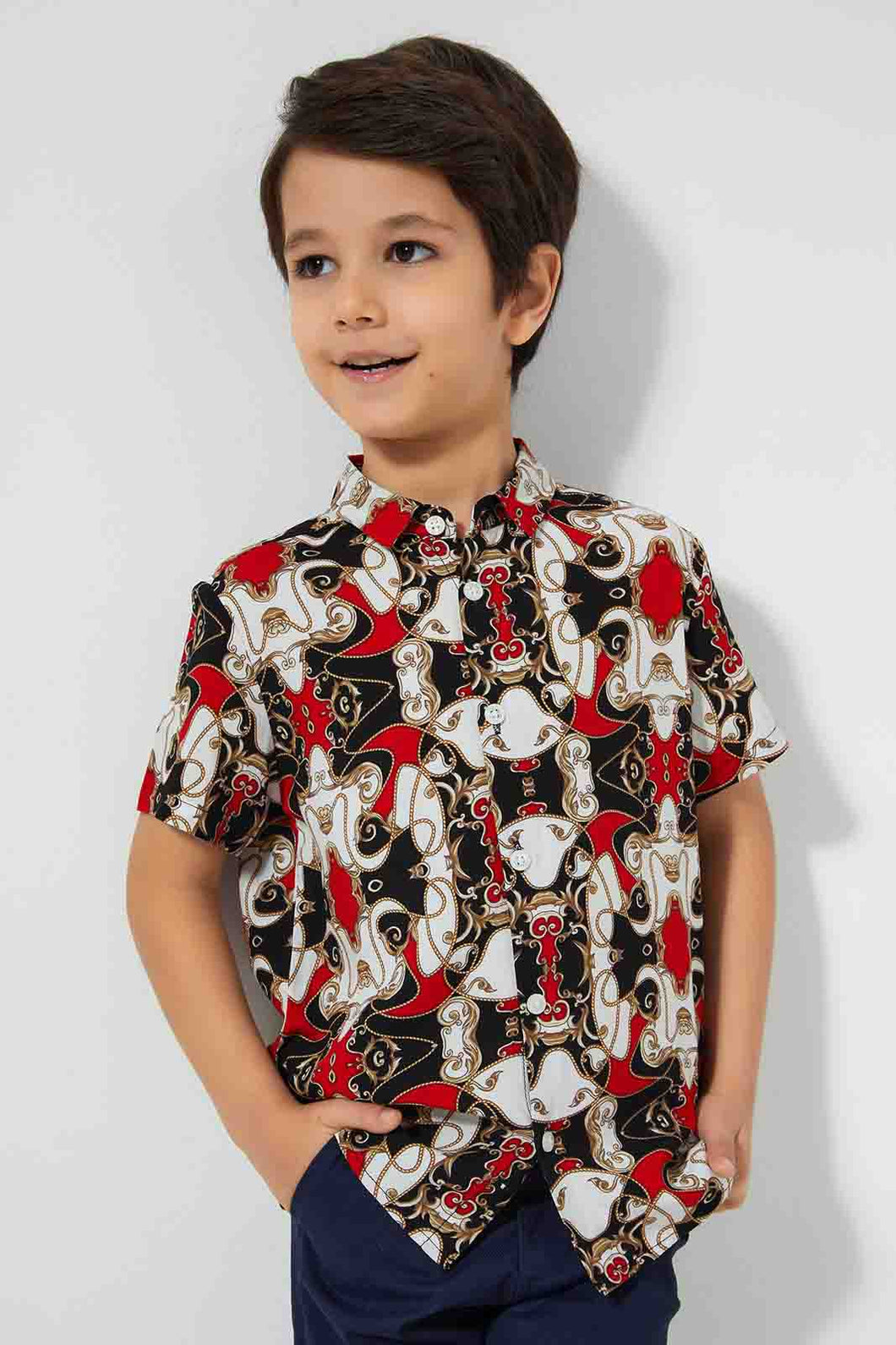 Redtag-Red-Short-Sleeve-Brocade-Shirt-Casual-Shirts-Boys-2 to 8 Years