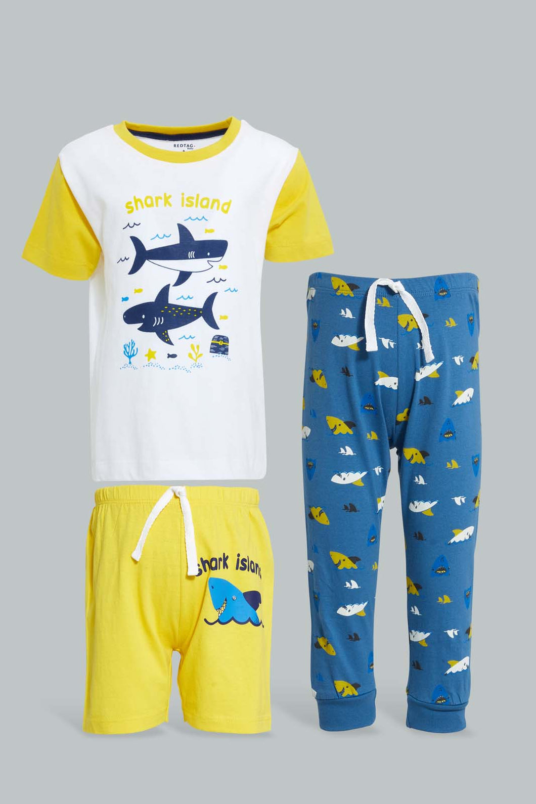 Redtag-White-And-Navy-3-Pack-Shark-Pyjama-Set-Set-Pyjama-Sets-Infant-Boys-3 to 24 Months