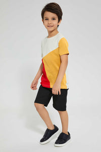 Redtag-Red-Vertical-Cut-And-Sew-T-Shirt-All-Over-Prints-Boys-2 to 8 Years
