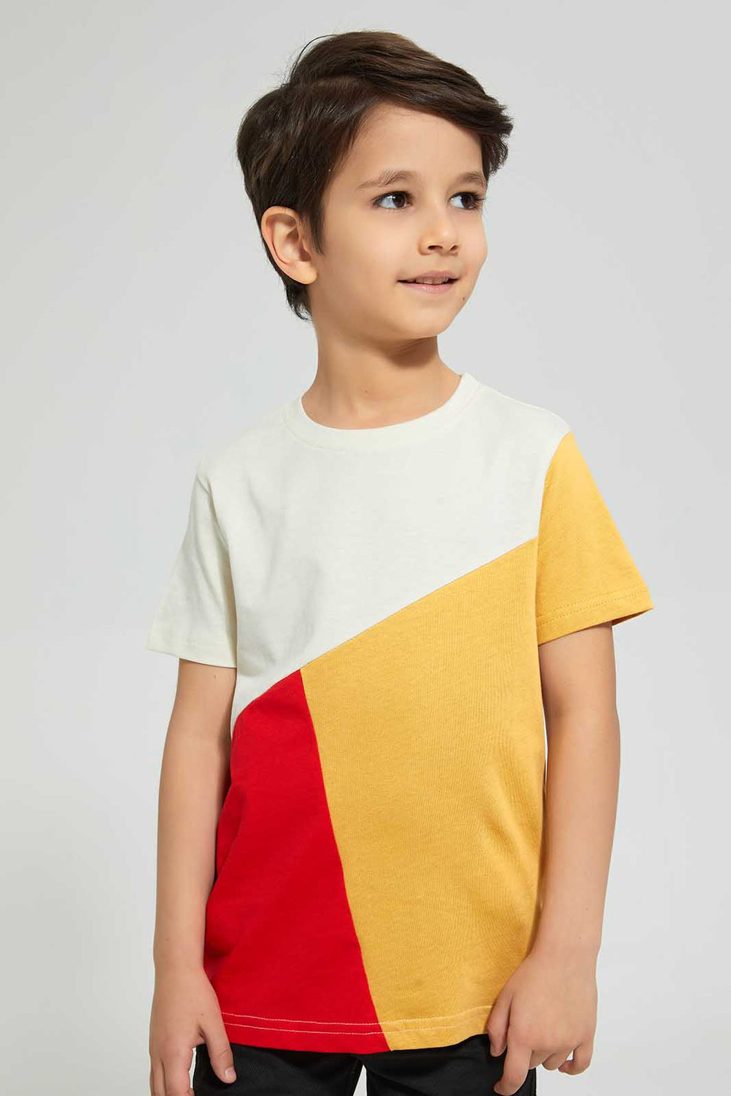 Redtag-Red-Vertical-Cut-And-Sew-T-Shirt-All-Over-Prints-Boys-2 to 8 Years