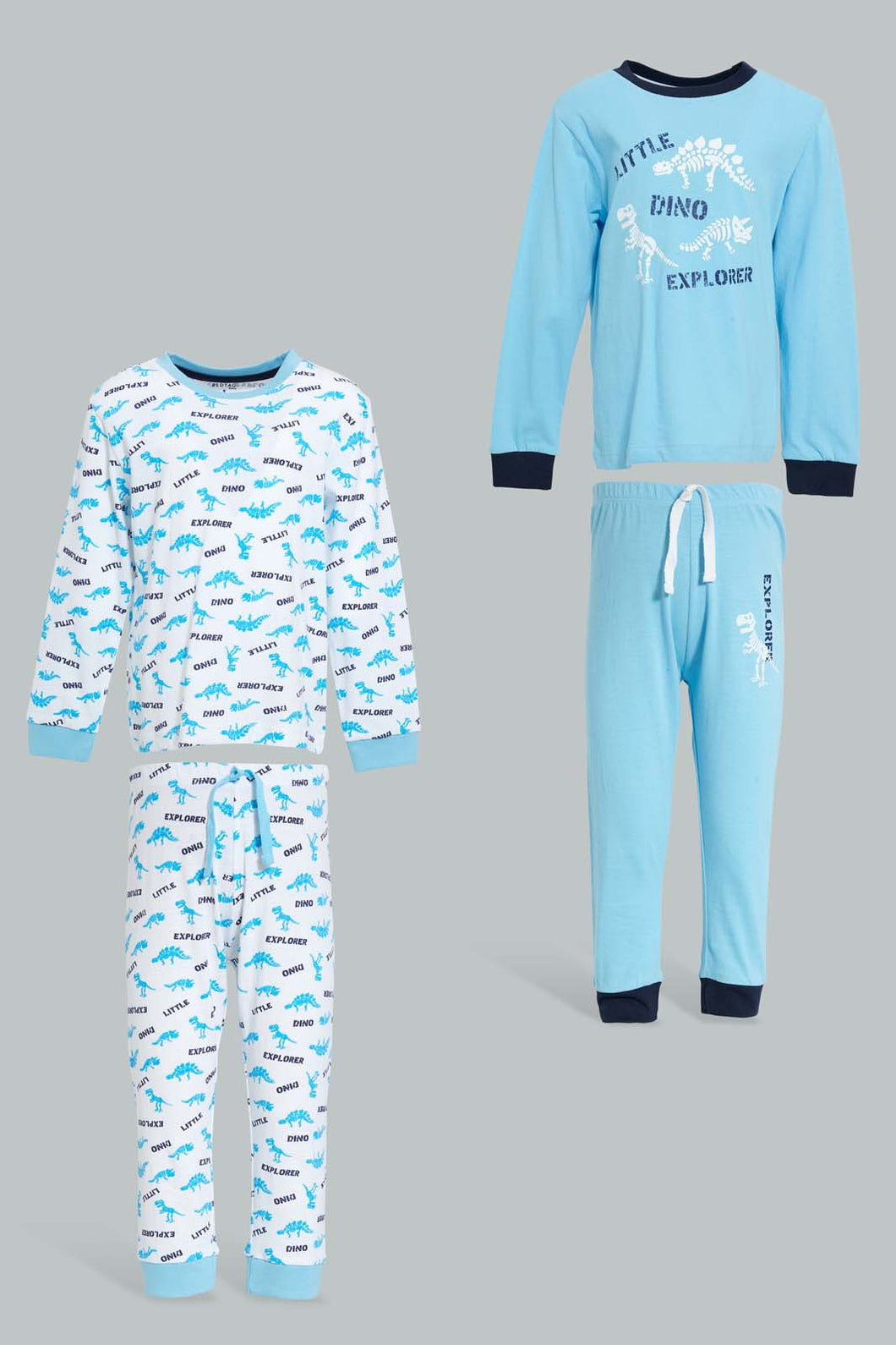 Redtag-White-And-Blue-Dino-4-Pack-Long-Pyjama-Set-Set-Pyjama-Sets-Infant-Boys-3 to 24 Months