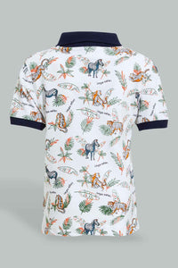 Redtag-White-Safari-Animal-Print-Short-Sleeve-Polo-Polo-Shirts-Infant-Boys-3 to 24 Months