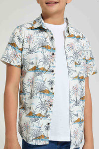 Redtag-White-Allover-Print-Shirt-With-T-Shirt-Casual-Shirts-Senior-Boys-9 to 14 Years