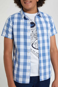 Redtag-Blue-Check-With-T-Shirt-Casual-Shirts-Senior-Boys-9 to 14 Years