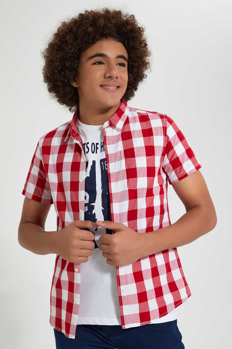 Redtag-Red-Check-With-T-Shirt-Casual-Shirts-Senior-Boys-9 to 14 Years