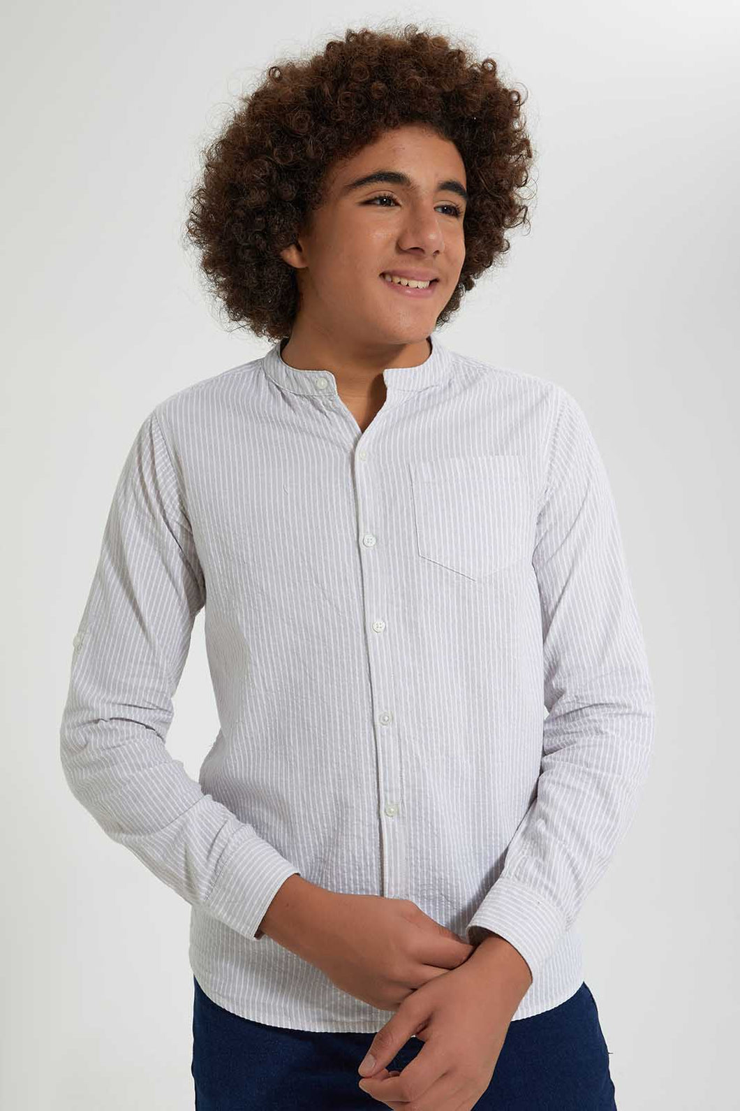 Redtag-Beige-Seer-Sucker-Stripe-Casual-Shirt-Casual-Shirts-Senior-Boys-9 to 14 Years