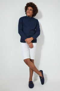 Redtag-Navy-Seer-Sucker-Solid-Casual-Shirt-Casual-Shirts-Senior-Boys-9 to 14 Years
