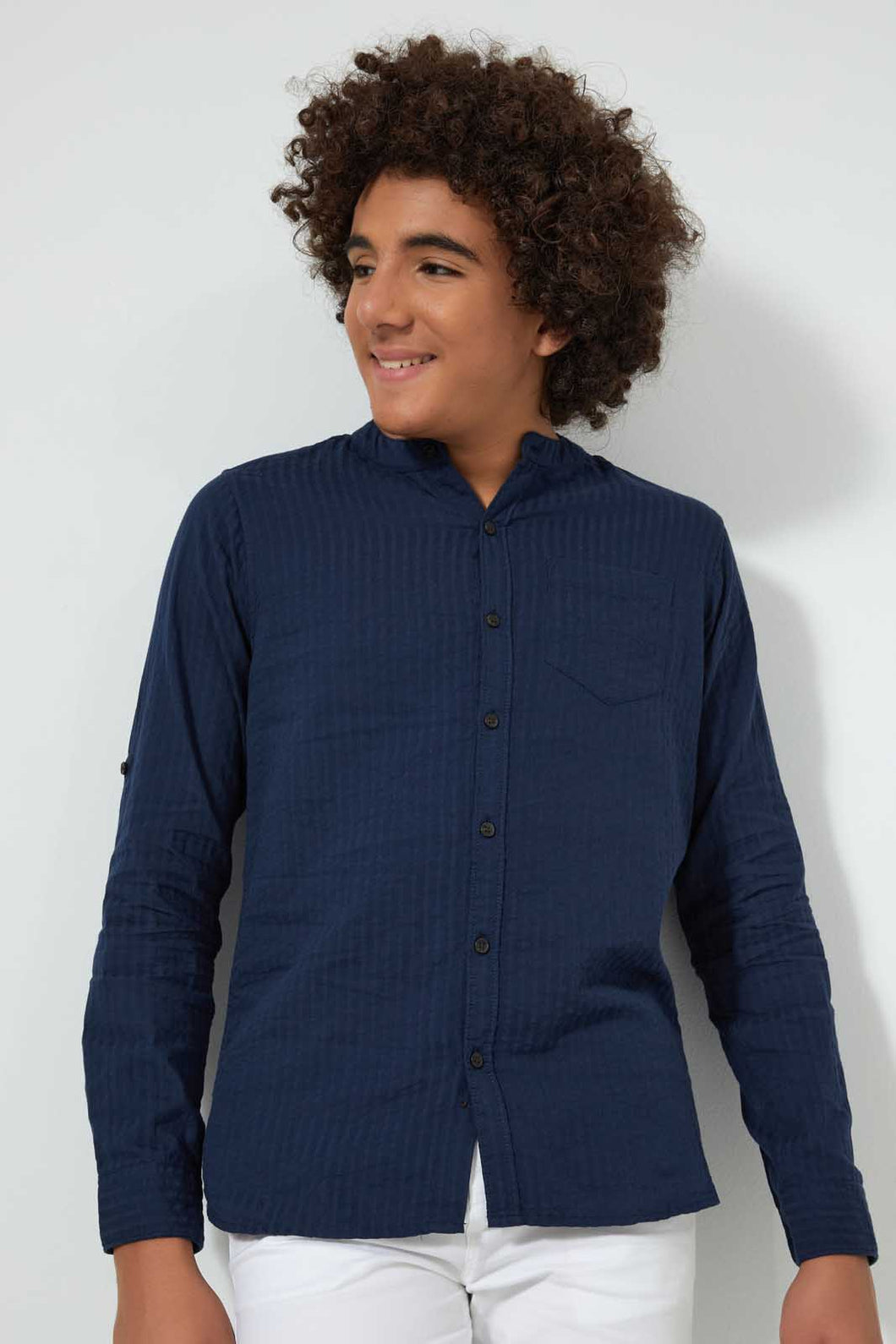 Redtag-Navy-Seer-Sucker-Solid-Casual-Shirt-Casual-Shirts-Senior-Boys-9 to 14 Years
