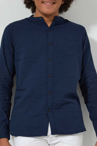 Redtag-Navy-Seer-Sucker-Solid-Casual-Shirt-Casual-Shirts-Senior-Boys-9 to 14 Years