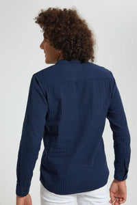 Redtag-Navy-Seer-Sucker-Solid-Casual-Shirt-Casual-Shirts-Senior-Boys-9 to 14 Years