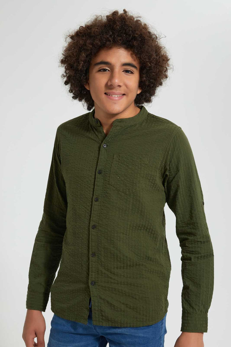 Redtag-Olive-Seer-Sucker-Solid-Casual-Shirt-Casual-Shirts-Senior-Boys-9 to 14 Years