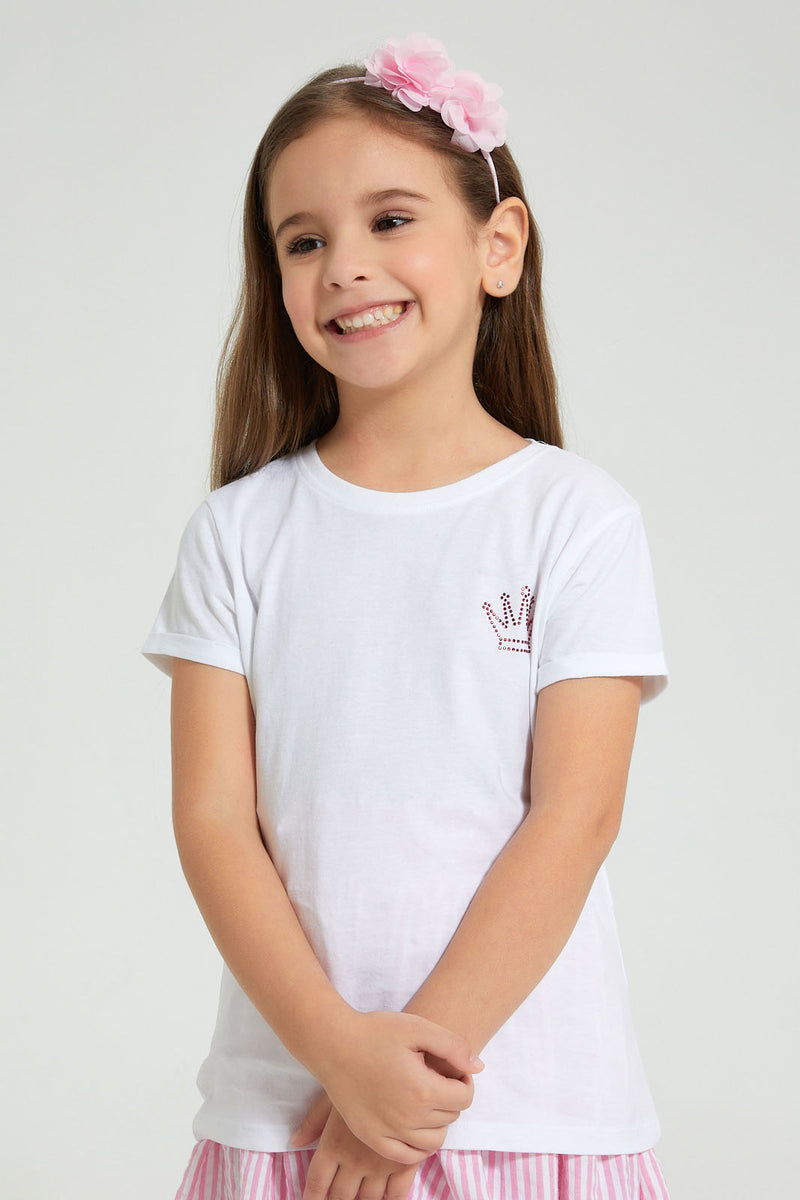 Redtag-White-Rounded-Neck-T-Shirt-W/-Folded-Sleeve-Colour:White,-Filter:Girls-(2-to-8-Yrs),-Girls-T-Shirts,-New-In,-New-In-GIR,-Non-Sale,-PPE,-S22B,-Section:Kidswear-Girls-2 to 8 Years