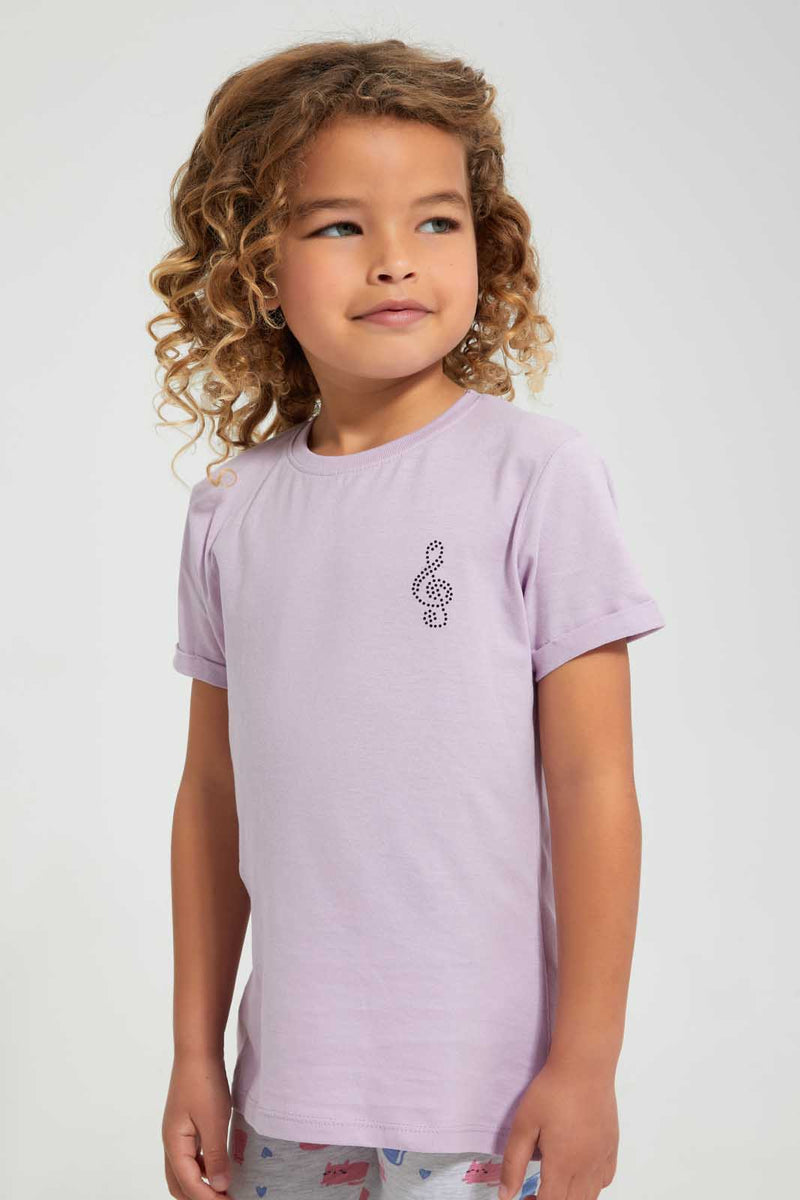 Redtag-Lilac-Rounded-Neck-T-Shirt-W/-Folded-Sleeve-Plain-Girls-2 to 8 Years