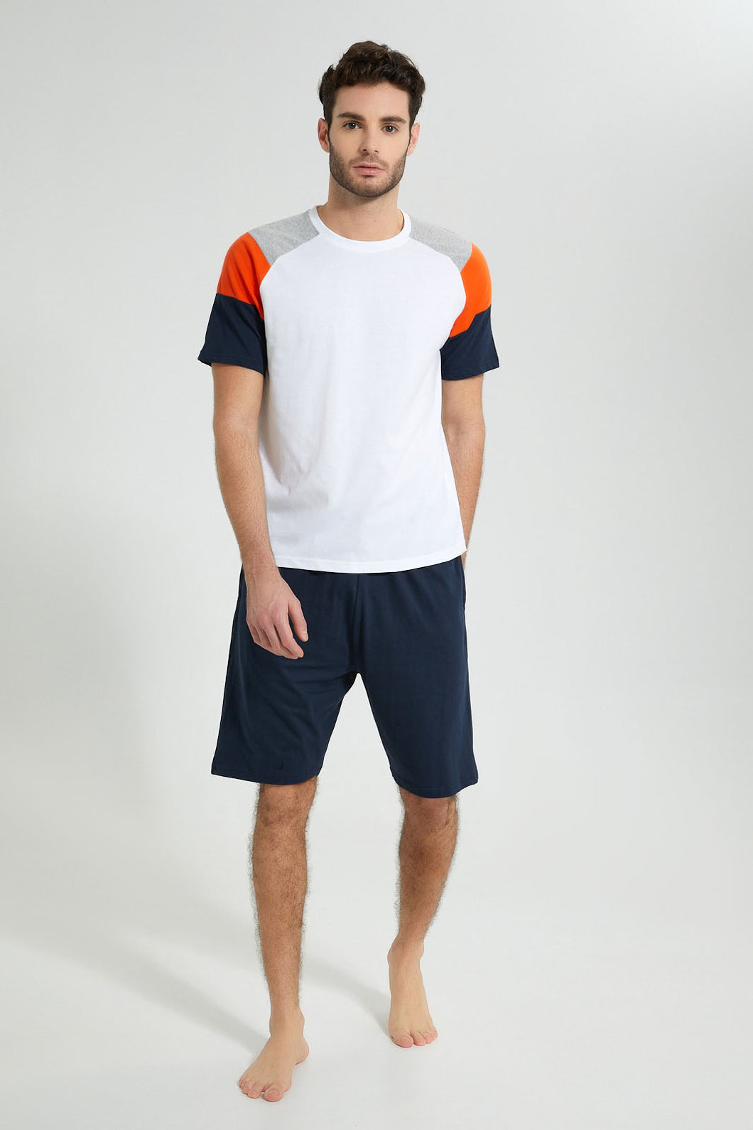 Redtag-White/Navy-Short-Pyjama-Set-Colour:White,-Filter:Men's-Clothing,-Men-Pyjama-Sets,-New-In,-New-In-Men,-Non-Sale,-S22B,-Section:Men-Men's-