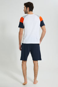 Redtag-White/Navy-Short-Pyjama-Set-Colour:White,-Filter:Men's-Clothing,-Men-Pyjama-Sets,-New-In,-New-In-Men,-Non-Sale,-S22B,-Section:Men-Men's-