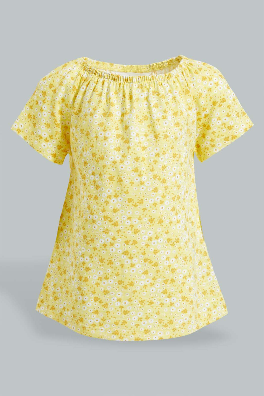 Redtag-Yellow-Flower-Printed-Fashion-T-Shirt-All-Over-Prints-Infant-Girls-3 to 24 Months