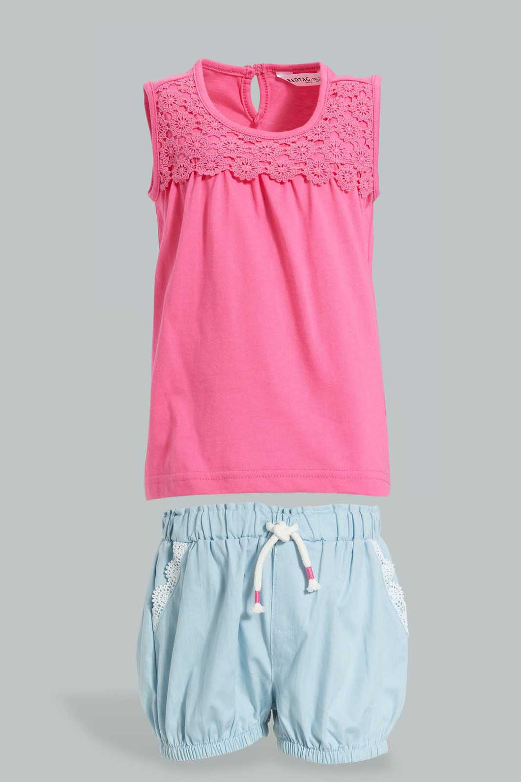 Redtag-Pink-Sleeveless-Top-With-Short-Sets-Infant-Girls-3 to 24 Months