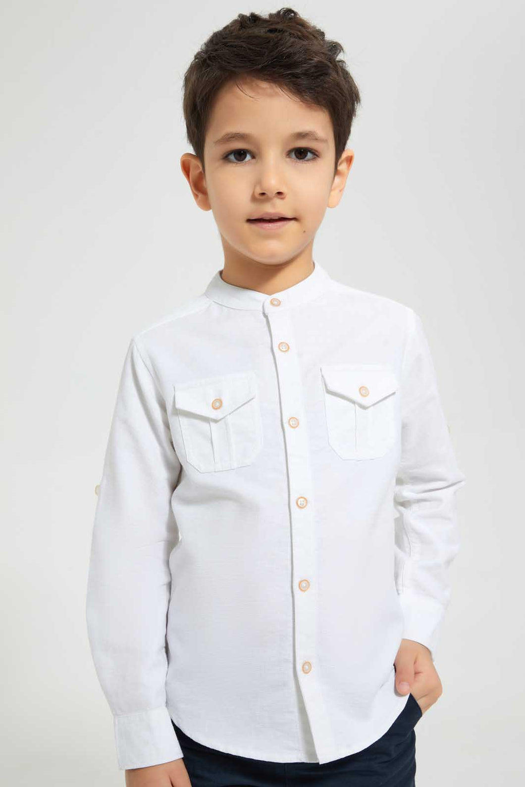 Redtag-White-Double-Pocket-Mandarin-Collar-Shirt-Casual-Shirts-Boys-2 to 8 Years