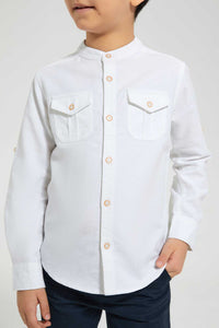 Redtag-White-Double-Pocket-Mandarin-Collar-Shirt-Casual-Shirts-Boys-2 to 8 Years