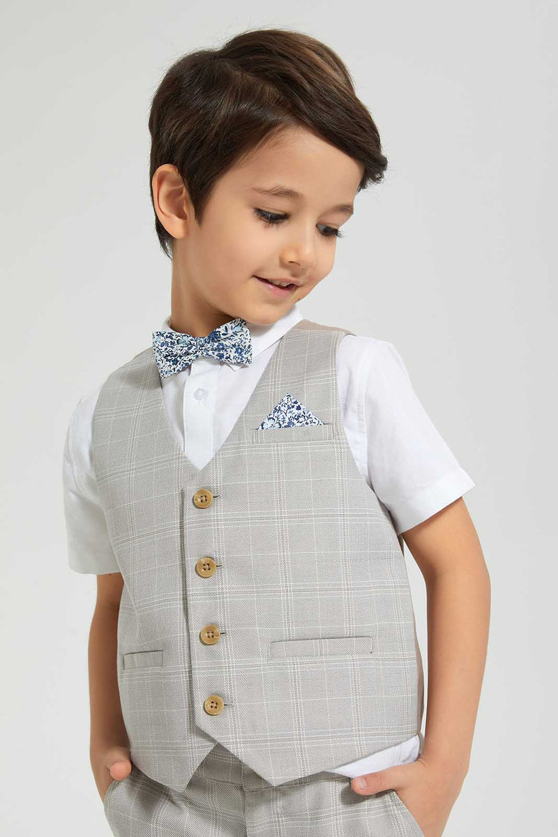 Redtag-Beige-Check-Waistcoat-And-Shirt-Set-Sets-Boys-2 to 8 Years