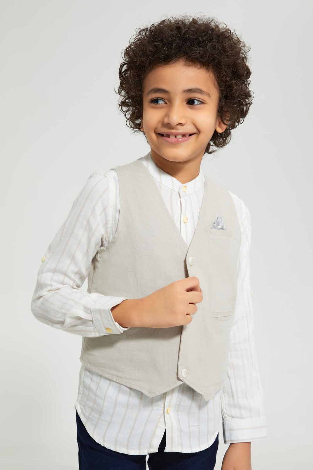 Redtag-Stone-Waistcoat-And-Stripe-Shirt-Set-Sets-Boys-2 to 8 Years