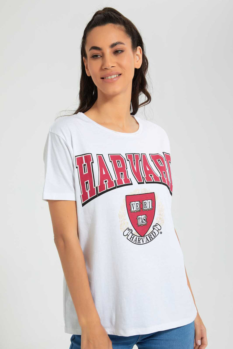 Redtag-White-Harvard-Print-T-Shirt-Active-Tees-Women's-