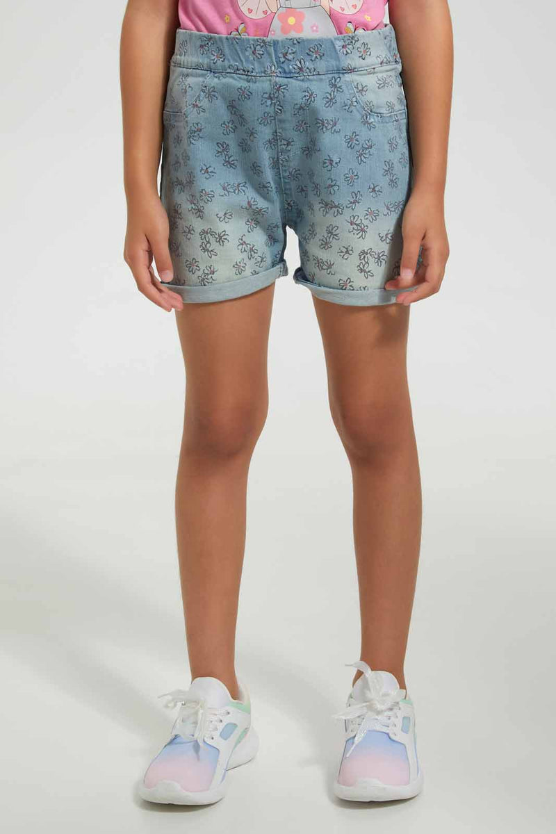 Redtag-Blue-Aop-Short-Casual-Shorts-Girls-2 to 8 Years