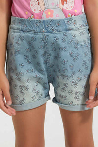 Redtag-Blue-Aop-Short-Casual-Shorts-Girls-2 to 8 Years