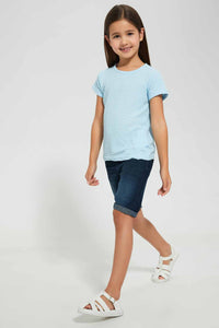 Redtag-Dark-Wash-Roll-Up-Hem-Shirt-Casual-Shorts-Girls-2 to 8 Years