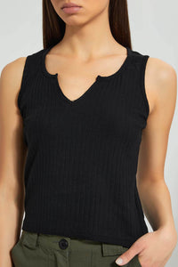 Redtag-Black-Sleeveless-Ribbed-T-Shirt-Plain-Women's-