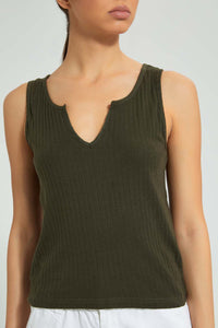 Redtag-Khaki-Sleeveless-Ribbed-T-Shirt-Plain-Women's-
