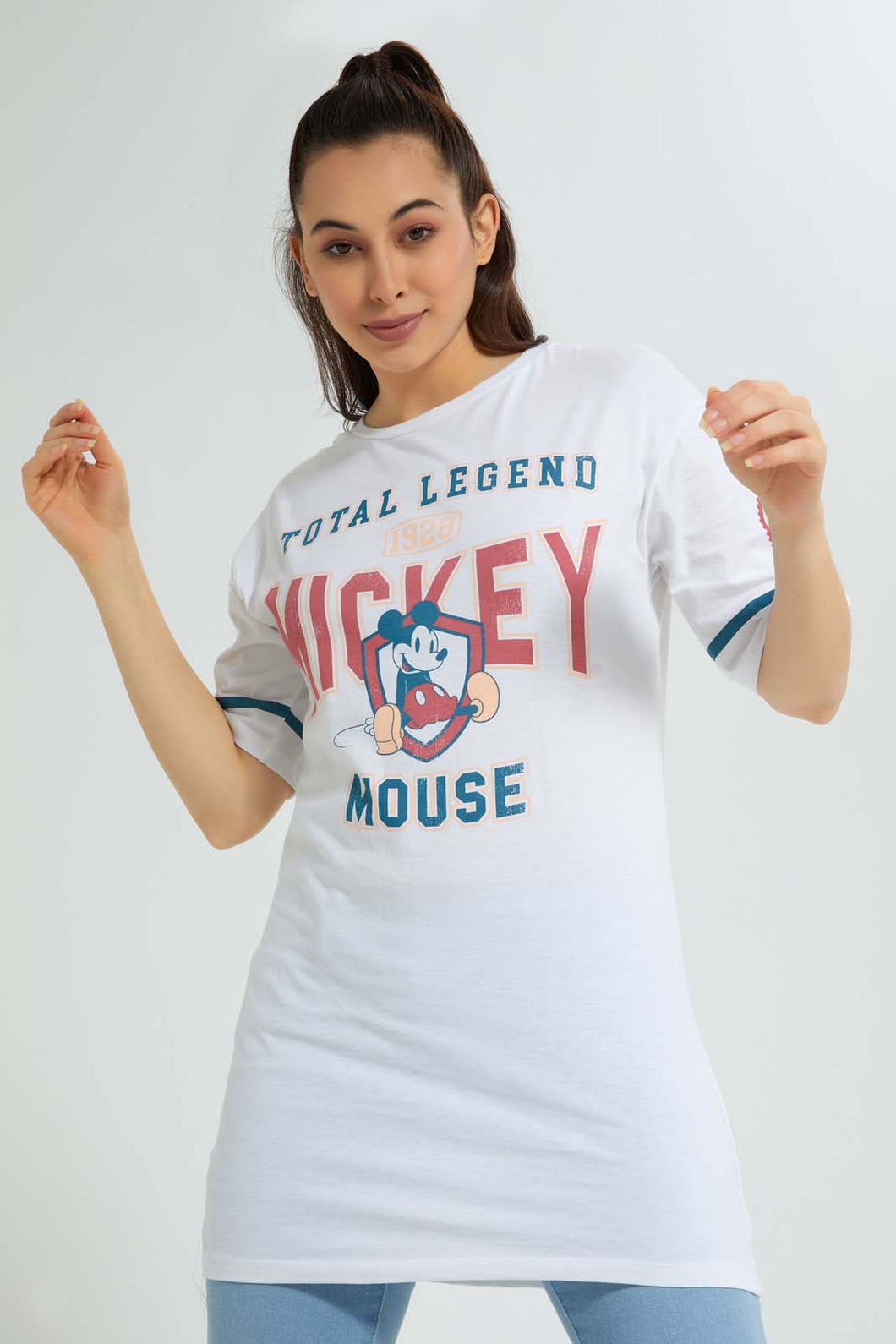 Redtag-White-Mickey-Long-Line-Character-T-Shirt-Character-Women's-