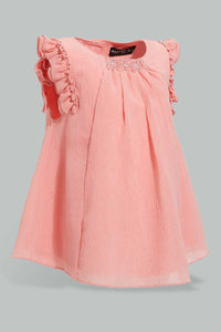 Redtag-Light-Coral-Front-Embroidery-Sleeveless-Blouse-Blouses-Infant-Girls-3 to 24 Months