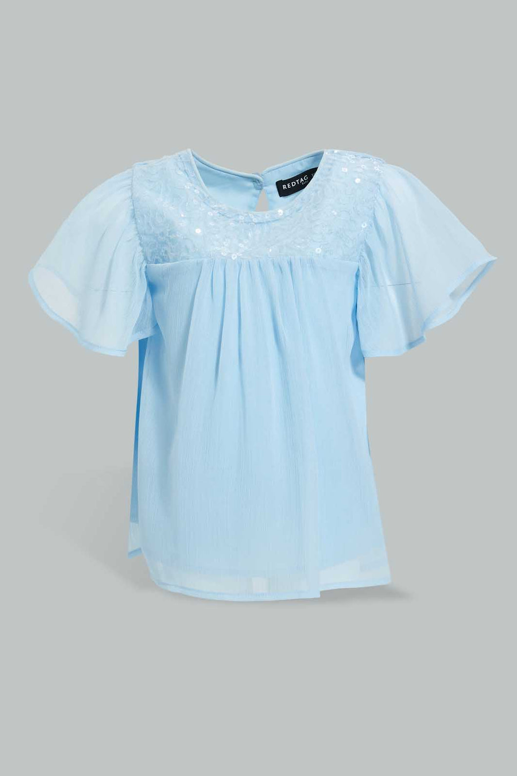 Redtag-Blue-Fluter-Sleeves-Front-Sequins-Blouse-Blouses-Infant-Girls-3 to 24 Months