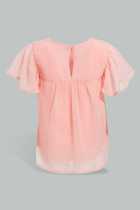 Redtag-Light-Coral-Fluter-Sleeves-Front-Sequins-Blouse-Blouses-Infant-Girls-3 to 24 Months