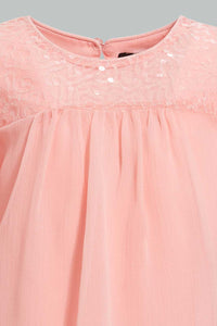 Redtag-Light-Coral-Fluter-Sleeves-Front-Sequins-Blouse-Blouses-Infant-Girls-3 to 24 Months