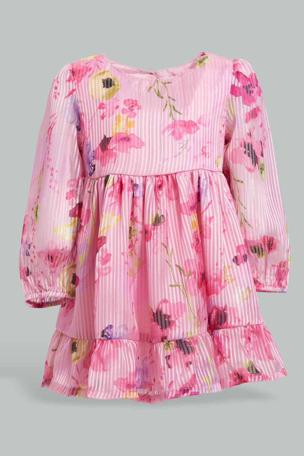 Redtag-Pink-Tiered-Full-Sleeveless-Printed-Dress-Dresses-Infant-Girls-3 to 24 Months