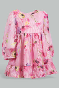 Redtag-Pink-Tiered-Full-Sleeveless-Printed-Dress-Dresses-Infant-Girls-3 to 24 Months