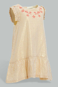 Redtag-Coral-Front-Embroidery-Ruffle-Sleeves-Dress-Dresses-Infant-Girls-3 to 24 Months