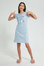 Load image into Gallery viewer, Redtag-White/Purple-Ruffled-Stripe-Night-Dress-Nightshirts-Senior-Girls-9 to 14 Years
