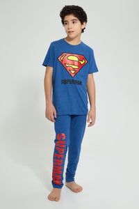 Redtag-Blue-Superman-Night-Suit-Pyjama-Sets-Senior-Boys-9 to 14 Years