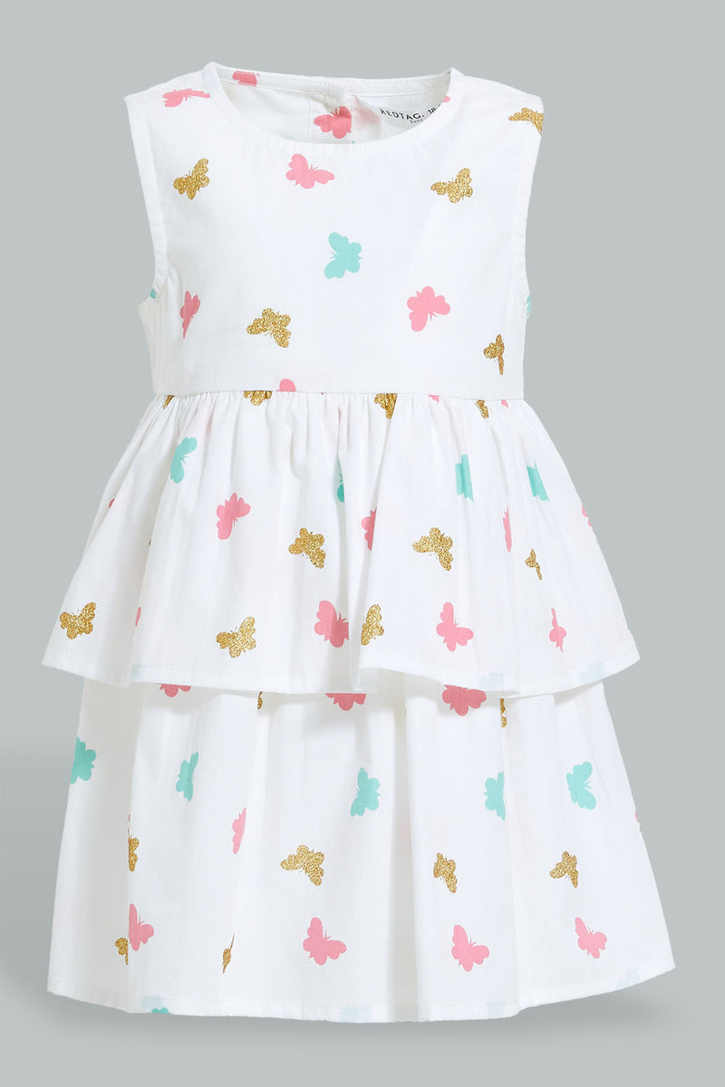 Redtag-White-Butterfly-Printed-Sleeveless-Layered-Dress-Dresses-Infant-Girls-3 to 24 Months