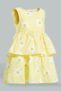 Redtag-Yellow-Floral-Printed-Sleeveless-Layered-Dress-Dresses-Infant-Girls-3 to 24 Months