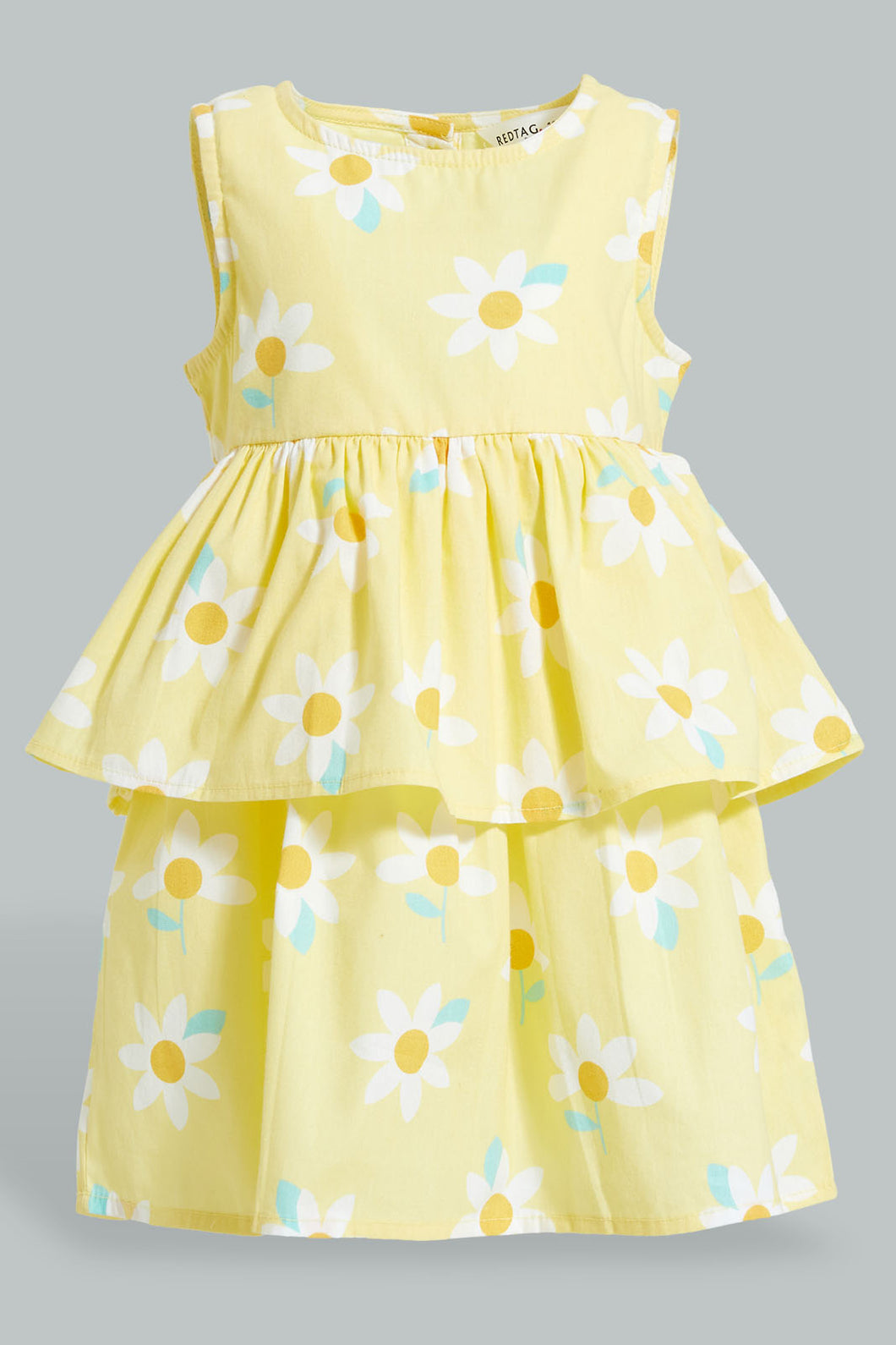 Redtag-Yellow-Floral-Printed-Sleeveless-Layered-Dress-Dresses-Infant-Girls-3 to 24 Months