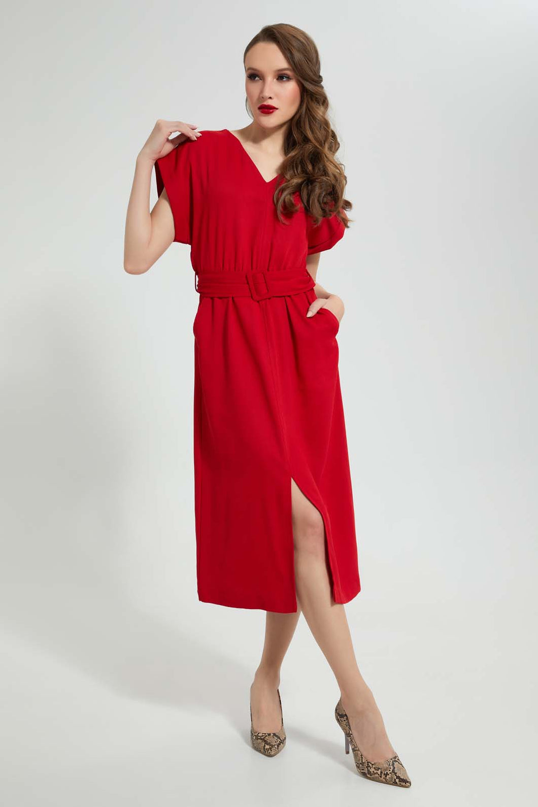 Redtag-Red-Long-Dress-With-Belt-Dresses-Women's-