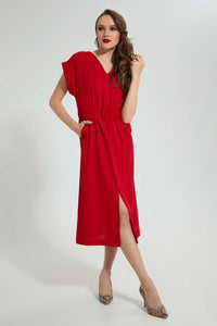 Redtag-Red-Long-Dress-With-Belt-Dresses-Women's-