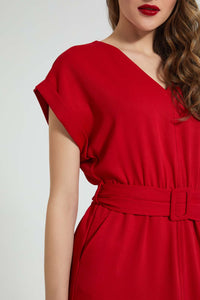 Redtag-Red-Long-Dress-With-Belt-Dresses-Women's-