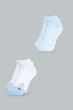 Load image into Gallery viewer, Redtag-White/Blue-Ankle-Socks-2Pcs-Pack-Ankle-Length-Senior-Girls-9 to 14 Years
