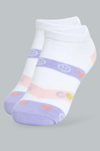 Redtag-White/Purple-Ankle-Socks-2Pcs-Pack-Ankle-Length-Senior-Girls-9 to 14 Years