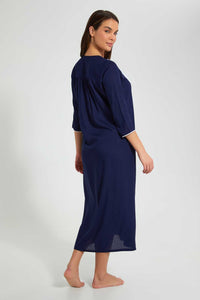 Redtag-Navy-Plain-Nightgown-With-Embroidery-Nightgowns-Women's-